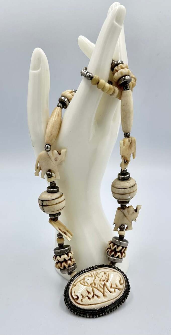 Vintage Bohemian Carved Bovine Bone Beaded Elephant Pendant Necklace